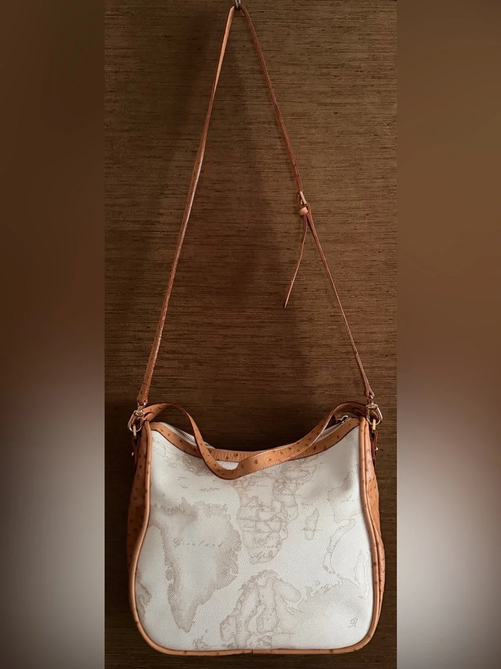Alviero Martini 1a Classe Geo White Hobo Shoulder Bag Ostrich Trim Map Print